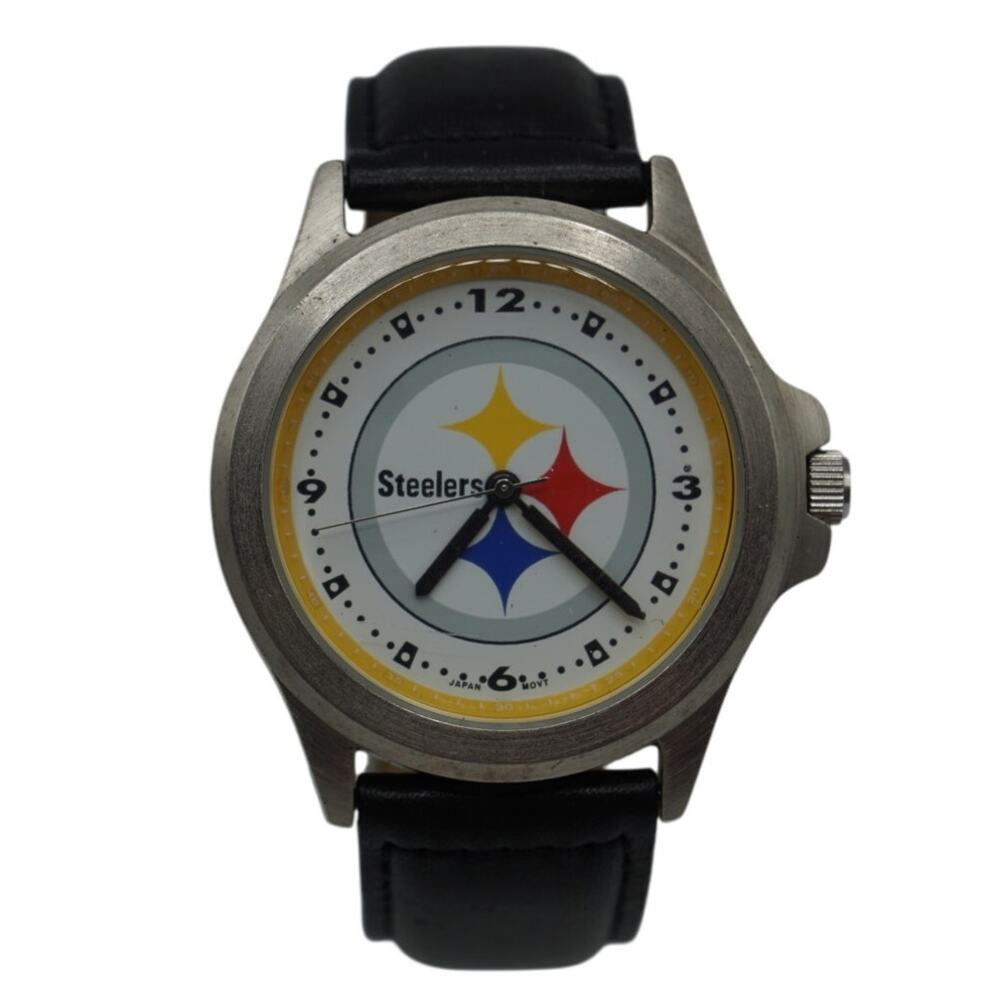 Pittsburgh Steelers Black Leather Strap Quartz Watch